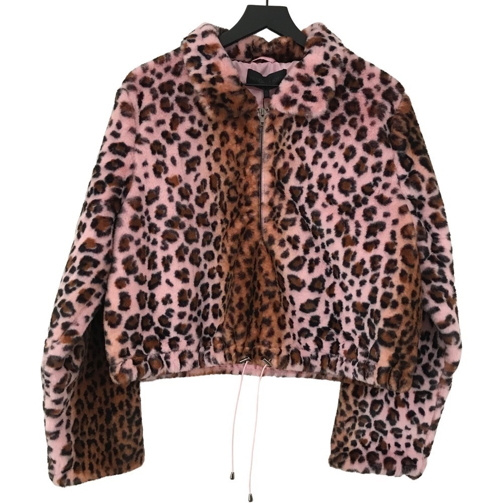 New! Kendall + Kylie Faux Fur Leopard Cozy Soft Cropped Half Zipped Jacket Coat